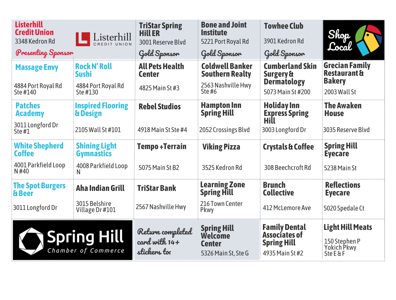 Stops on Shop Local Spring Hill Passport